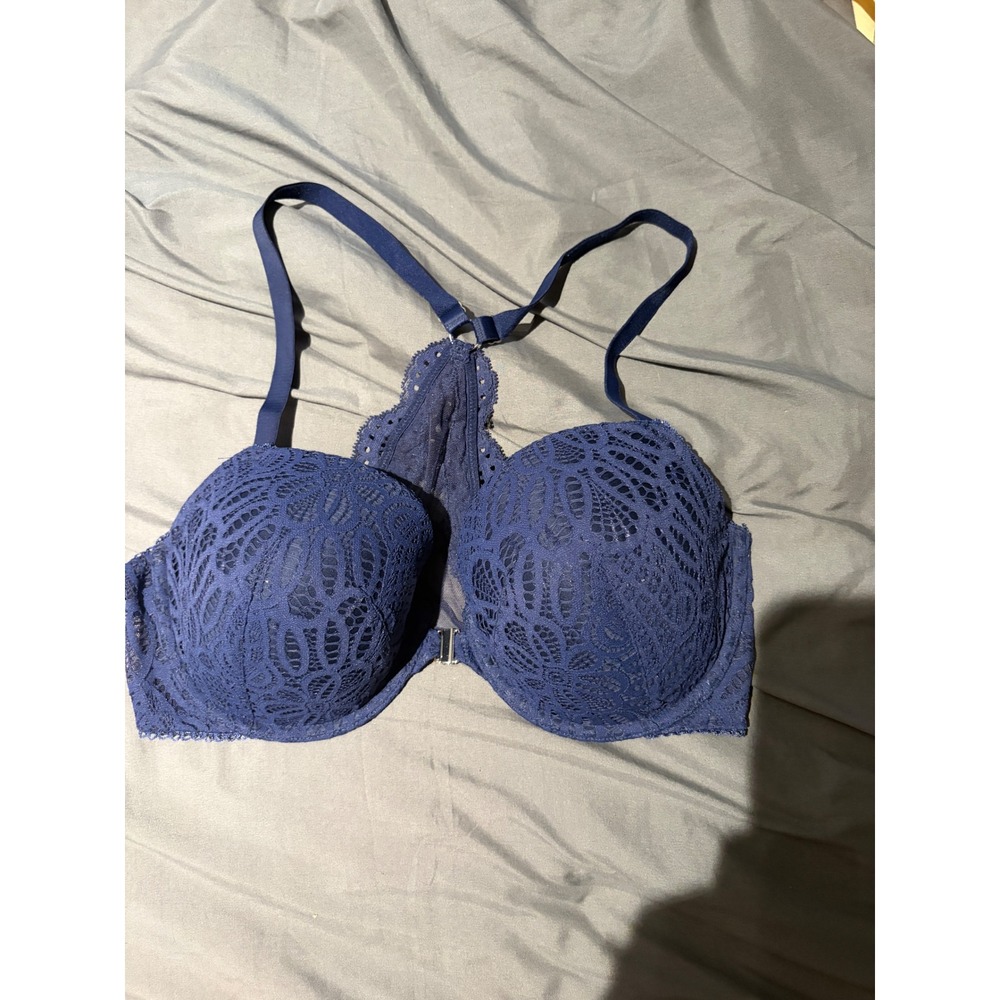 Victorias Secret Dream Angels Lined Demi Bra Blue Lace Racerback 38D Front Close